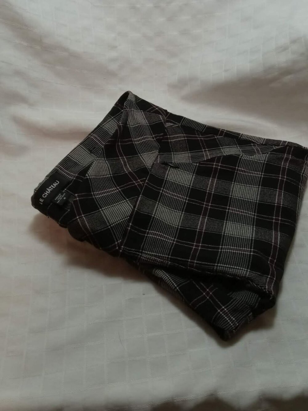 Le Chateau Black-and-white vintage checkered pants with thin purple stripes
